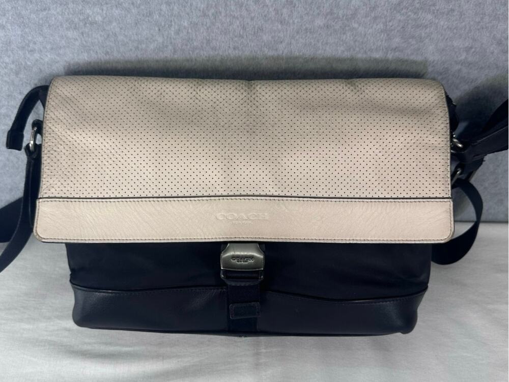 Coach Bike Bag Off White Leather & Black Nylon Messenger Bag Adj. Strap F71968